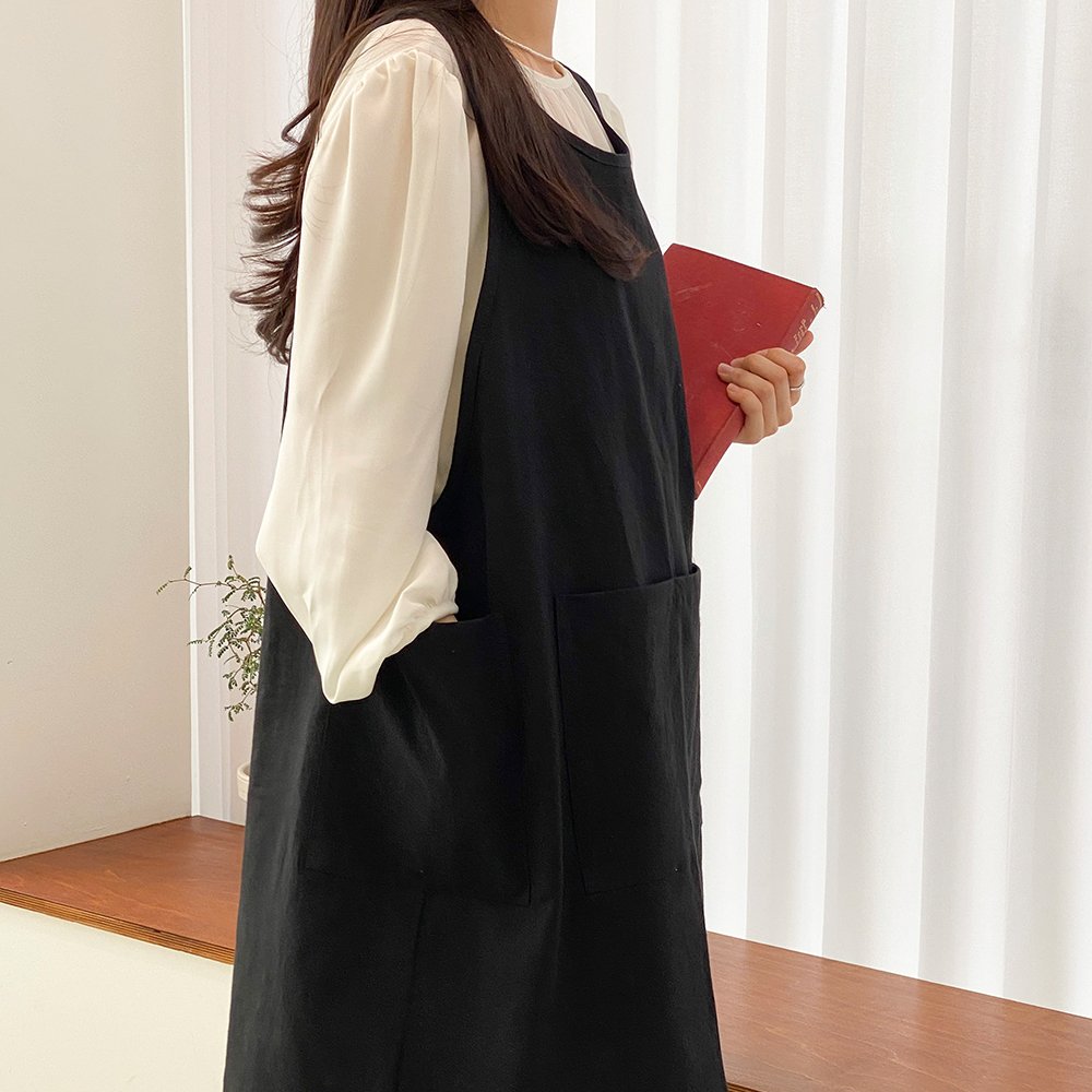 한스데이 국내 제조 단추형 트임 린넨 앞치마, 블랙, 1개 상세 이미지 2