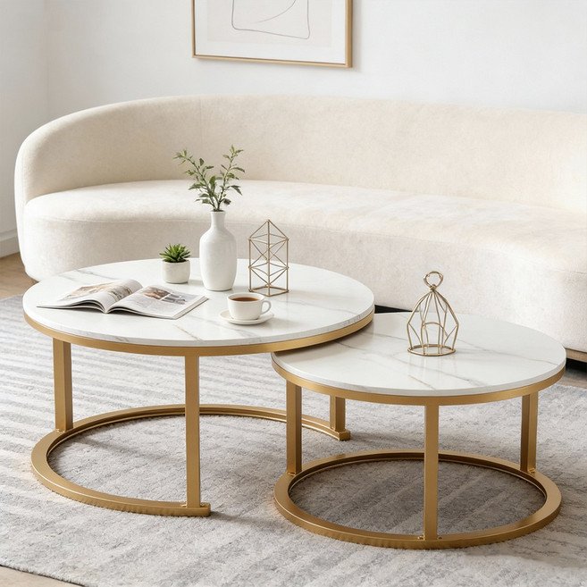 Comfy Nest 원형 거실테이블 60CM-80CM 소파 테이블, 화이트+골드