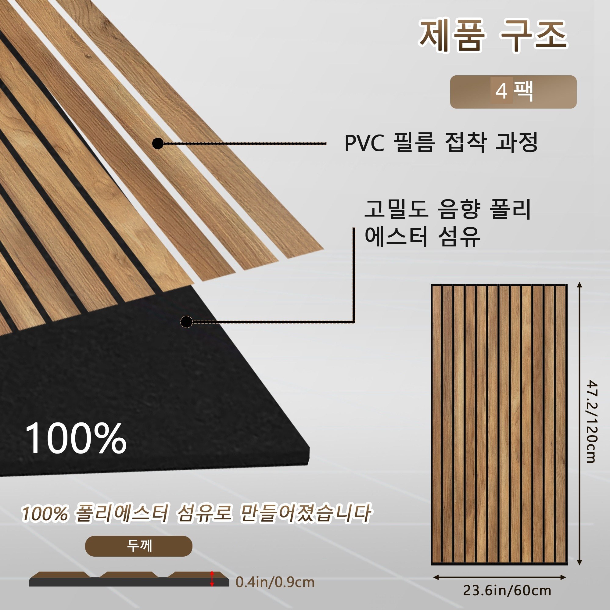 흡음보드 120cm x 60cm x 0.9cm 음향 패널 가정 사무실 스튜디오용 실내 벽 장식용 모던 견고하고 내구성 무게가 가볍다, 4개, brown-teak 상세 이미지 1