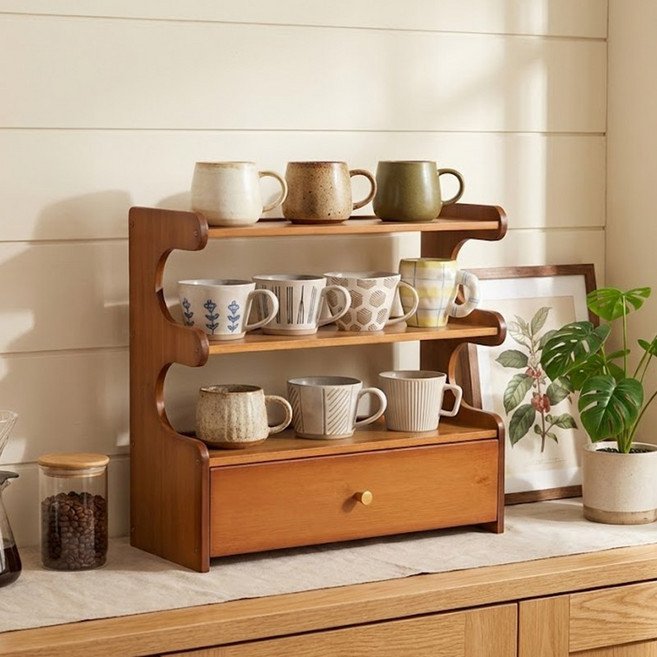 쿠리브 수납선반 책상 주방 정리 다용도다용도선반 천연 소재 컵정리대, 2단, 월넛